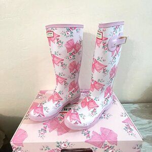 New Hunter X LoveShackFancy Rain Boots Big Kids 5 37 Rosa Beaux Pink Rose Bow